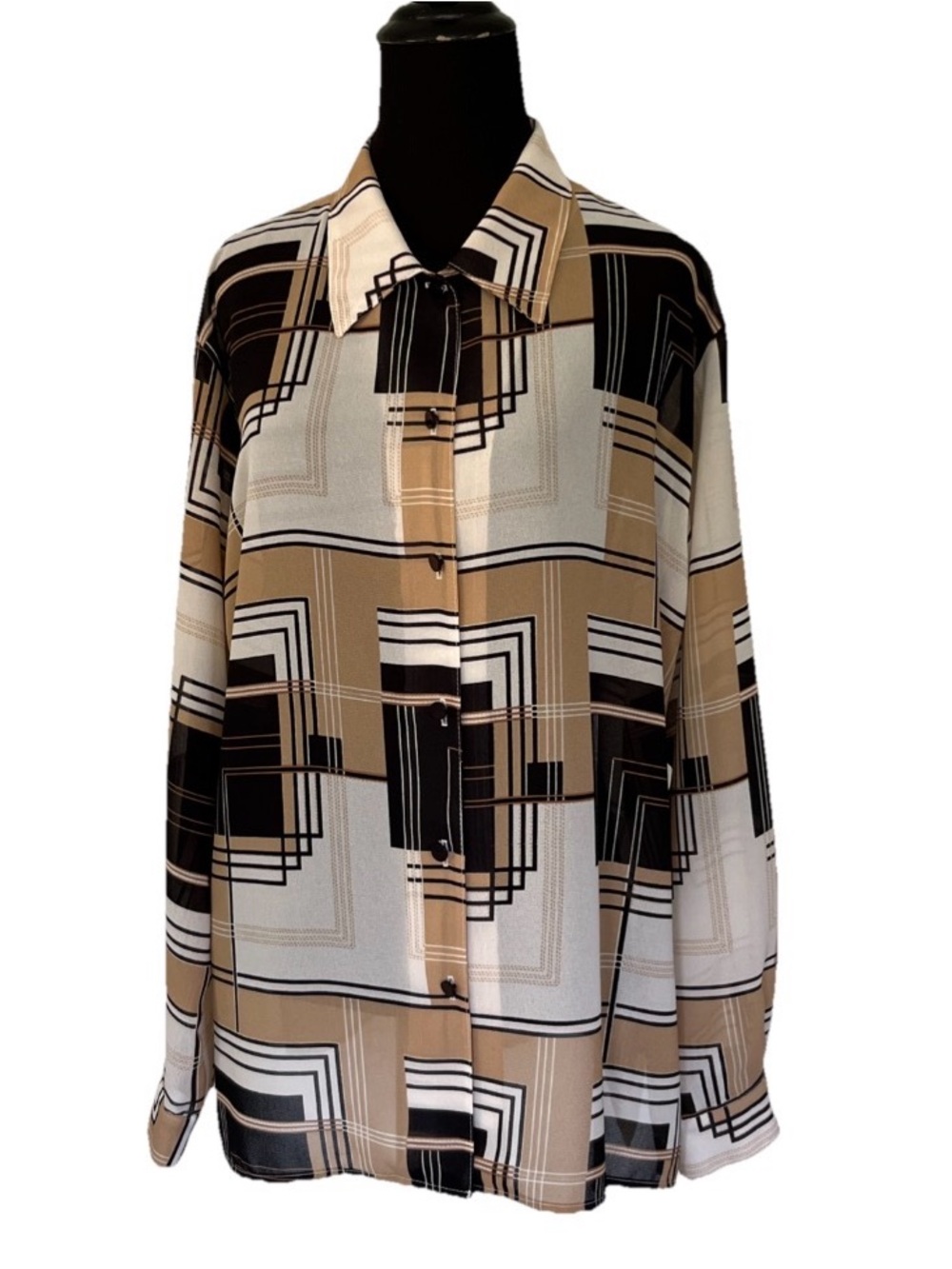 VTG Toni Marie Retro Geometric Button Up Blouse Cream Tan Black Op Art Bold
